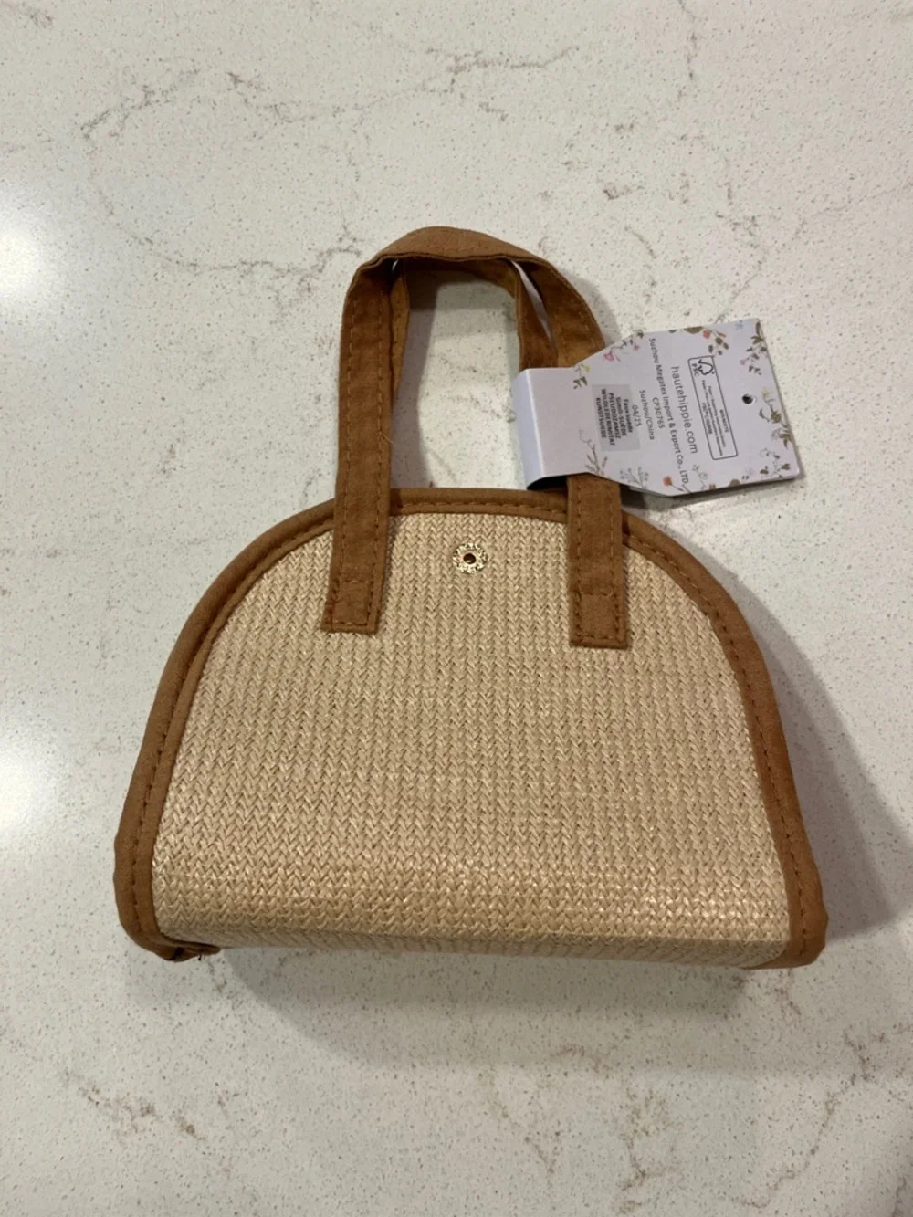 Haute Hippie Straw Mini Tote with Tan Trim and Blue Pink Tassel